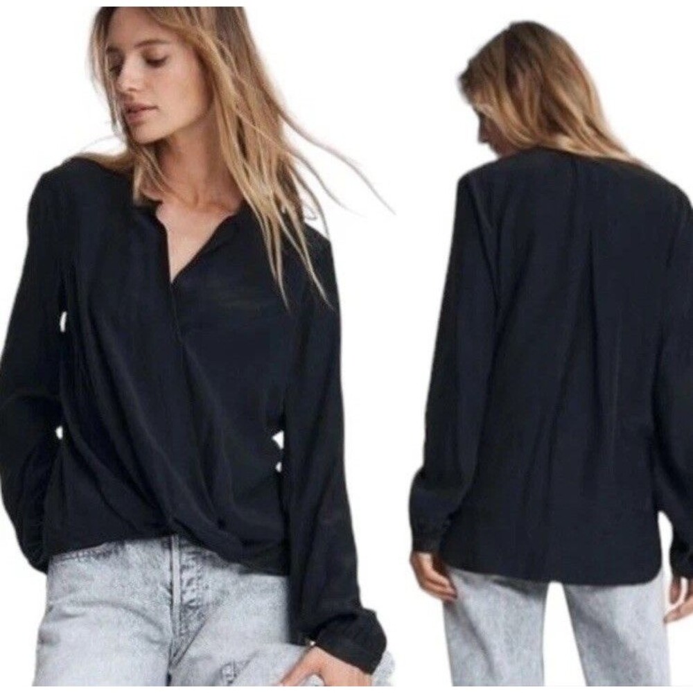 Rag & Bone Silk Blouse Womens Oversize XS Lora Black Surplice Long Sleeve V-Neck
